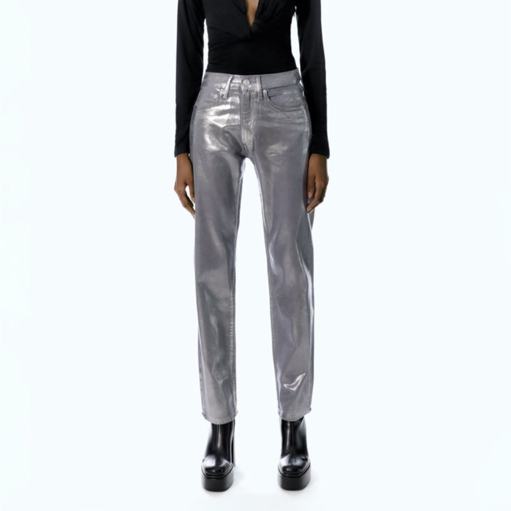 Zara NWOT Mid Rise Straight Silver Jeans Size 8
